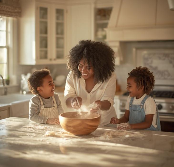 A mother and her two children baking together in a sunlit kitchen