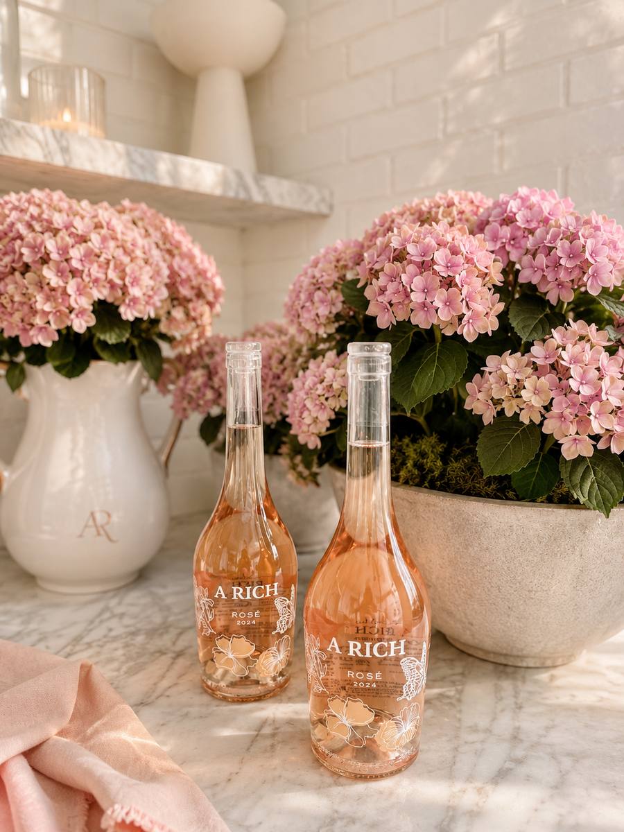 Two bottles of A Rich Rosé among pink hydrangeas on a marble counter
