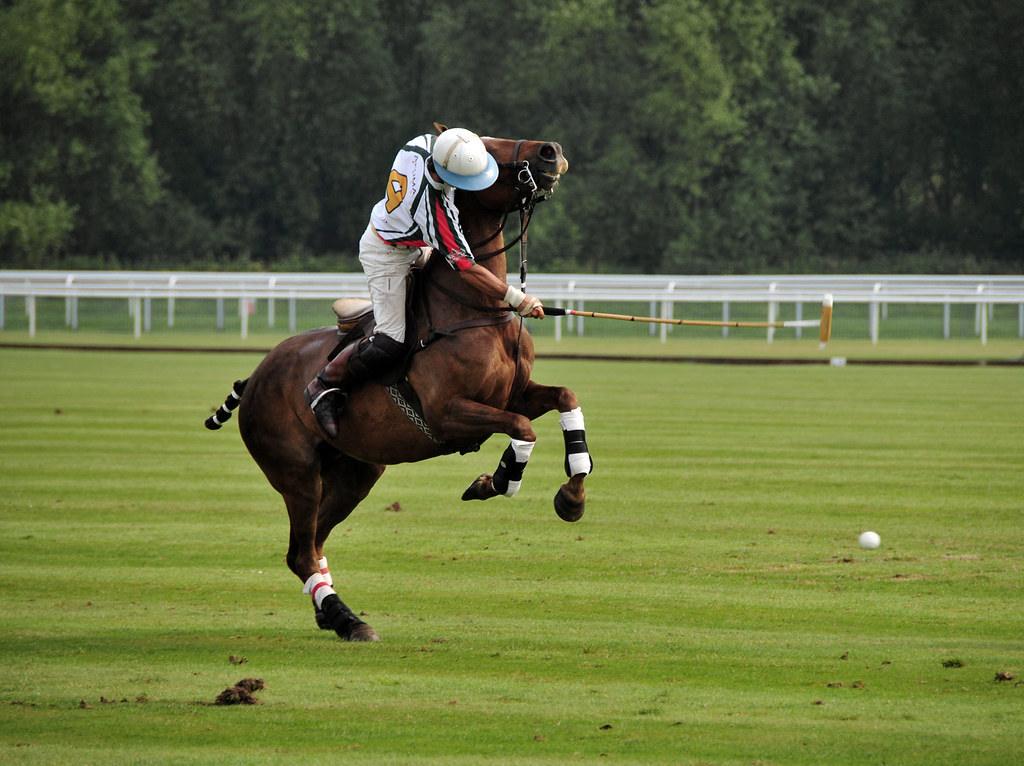 A polo player at full gallop swinging at the ball